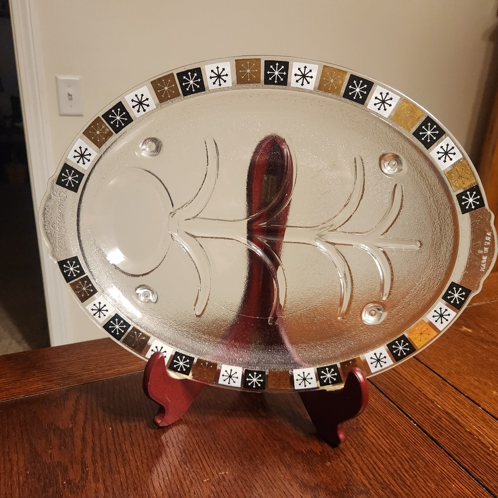 MCM Inland Glass Meat Footed Platter with Black and Gold Accents